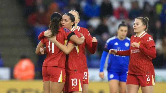 Olivia Smith of Liverpool celebrates scoring her team's first goal during the Barclays Women's Super League match between Leicester City and Liverpool FC at The King Power Stadium