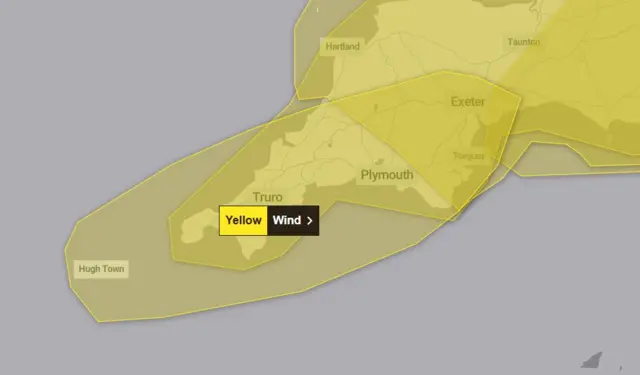 Weather map of SW showing areas of yellow warnings