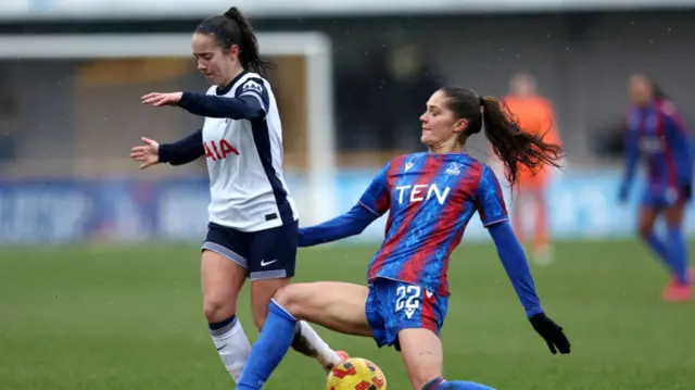 Maite Oroz of Tottenham Hotspur is tackled by Mille Gejl of Crystal Palace during the Barclays Women's Super League match between Crystal Palace and Tottenham Hotspur FC