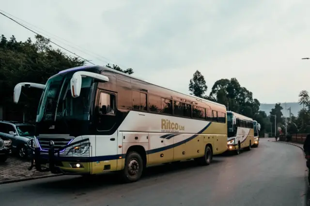 Buses line up awaiting the evacuation of non-essential United Nations Organization Stabilization Mission in the Democratic Republic of the Congo (MONUSCO)