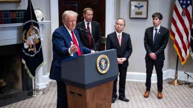 President Donald J Trump speaks about infrastructure and artificial intelligence to reporters with Larry Ellison, chairman of Oracle Corporation and chief technology officer, Masayoshi Son, SoftBank Group CEO, and Sam Altman, OpenAI CEO in the Roosevelt Room at the White House on Tuesday, Jan 21, 2025 in Washington, DC.