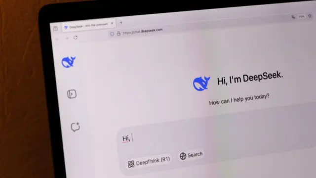 A few of a laptop screen featuring the landing page for DeepSeek. A message reads "Hi, I'm DeepSeek. How can I help you today?"