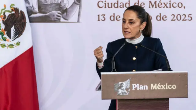 Claudia Sheinbaum speaks from a podium reading 'Plan Mexico'