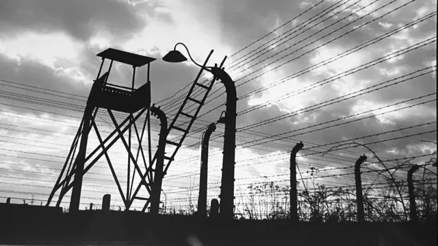 Fence and guard-post in Auschwitz with a ladder up to a row of barbed wire and clouds in the sky - black and white image