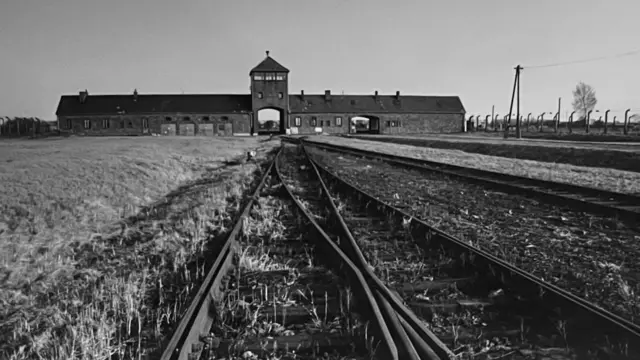 Auschwitz and train track in black and white