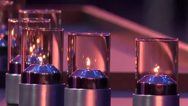 Lit candles in a glass holder