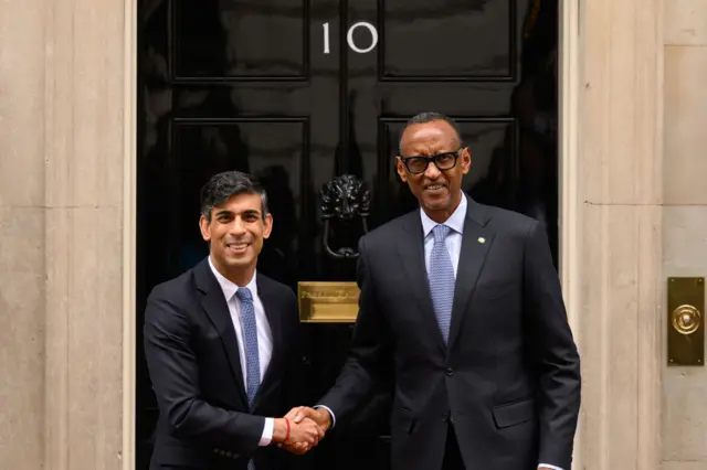 Outside number 10 Downing Street in London, Paul Kagame, president of Rwanda, shakes hands with the-then UK Prime Minister Rishi Sunak in 2024.