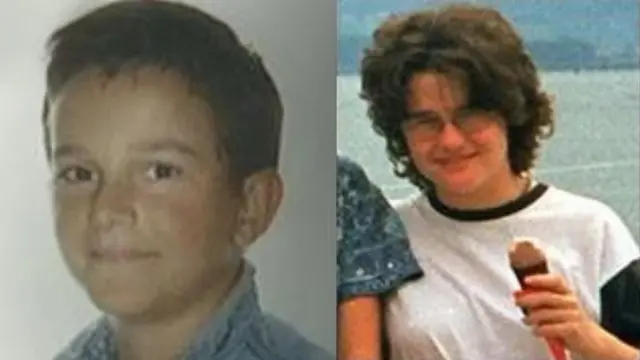 A composite image of a boy and a young woman. The boy is on the left and has dark hair and brown eyes. He is wearing a blue shirt and is looking straight at the camera. The young woman has dark hair cut in a bob style and is wearing glasses and a white t-shirt with a black trim. She is holding an ice cream.