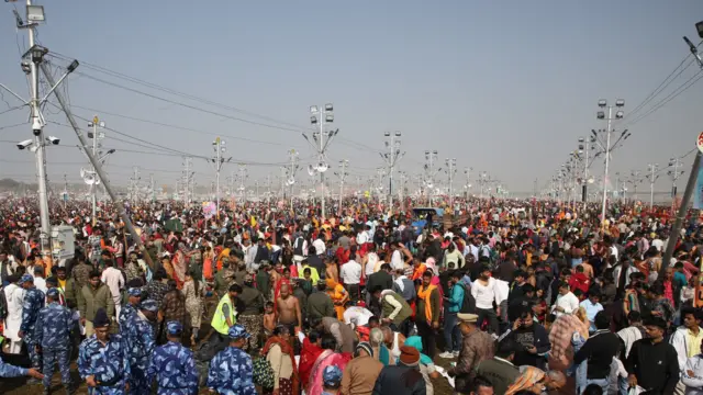 A crowd of devotees at Mahakumbh in Prayagraj, India