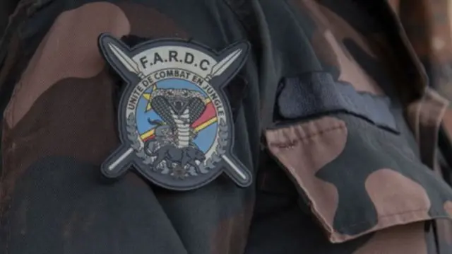 A general view of a badge of the Armed Forces of the Democratic Republic of the Congo (FARDC) on a soldier's sleeve in 2024.