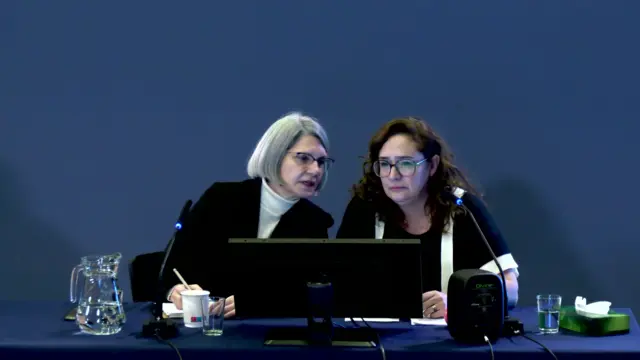 Paloma and her translator at the inquiry. The background is blue and they are sitting infront of microphones. Paloma has long brown curly hair and is wearing all back with a white trim top and glasses.