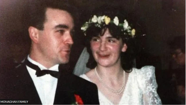 Avril Monaghan, pictured with her husband on her wedding day