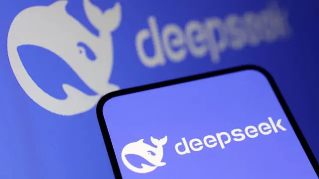 Deepseek logo is seen in this illustration taken January 27, 2025, with a purple background and white writing on a phone