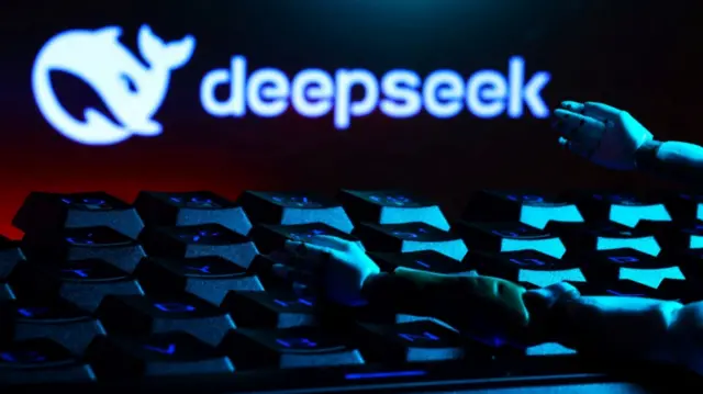 The deepseek logo, a keyboard, and robot hands are seen in this illustration