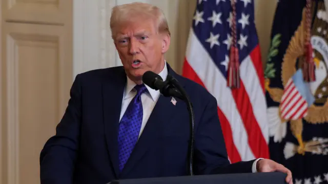 Donald Trump leans on a podium and speaks into a microphone at the White House