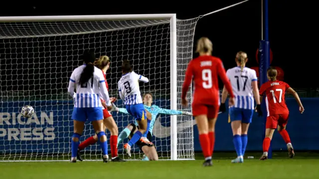 Nikita Parris of Brighton & Hove Albion scoring during The Adobe Women's FA Cup Fourth Round match between Brighton & Hove Albion and Durham