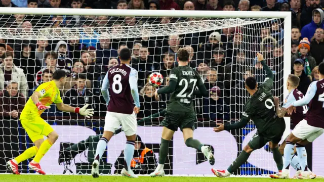 Celtic's Adam Idah scores to make it 2-1 during a UEFA Champions League 2024/25 League Phase MD8 match between Aston Villa and Celtic at Villa Park