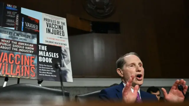 US Senator Ron Wyden, Democrat from Oregon, questions Robert F. Kennedy Jr. during a Senate Finance Committee hearing on Kennedy's nomination to be Health and Human Services Secretary, on Capitol Hill