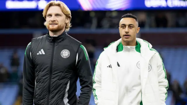 Celtic's Liam Scales and Adam Idah pre-match during a UEFA Champions League 2024/25 League Phase MD8 match between Aston Villa and Celtic at Villa Park