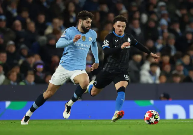 Manchester City's Josko Gvardiol in action with Club Brugge's Chemsdine