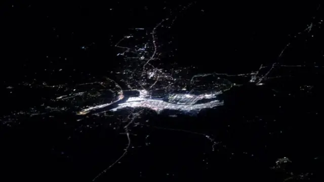 The illuminated Sangam in Prayagraj, as seen from the space