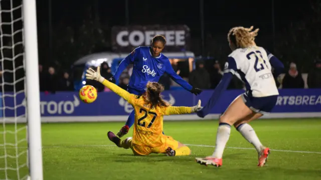 Kelly Gago of Everton scores her team's first goal as Eleanor Heeps of Tottenham Hotspur fails to make a save during The Adobe Women's FA Cup Fourth Round match between Everton and Tottenham Hotspur