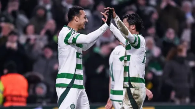 Reo Hatate celebrates after Celtic take the lead against Young Boys