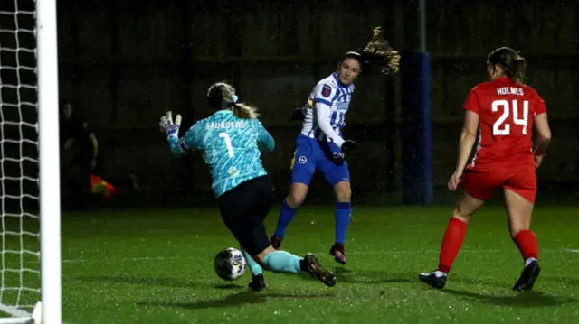 Bruna Vilamala of Brighton & Hove Albion scores her team's first goal past Tatiani Saunders of Durham (obscured) during The Adobe Women's FA Cup Fourth Round match between Brighton & Hove Albion and Durham