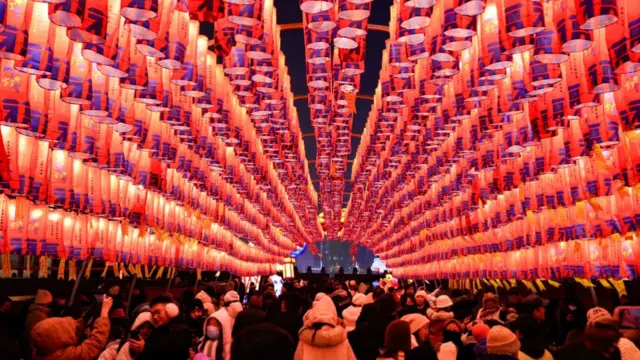 Fancy red lanterns and light installations during a Spring Festival Light Show in China