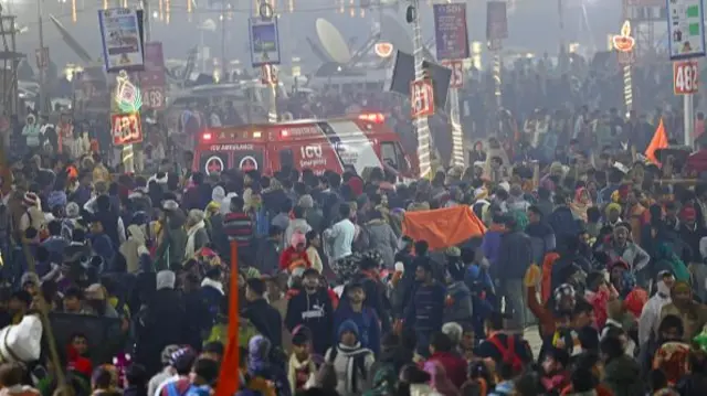 An ambulance arrives at the site of a stampede amid the ongoing Maha Kumbh Mela festival in Prayagraj on January 29, 2025.