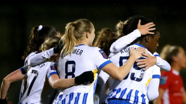 Michelle Agyemang of Brighton & Hove Albion celebrates scoring her team's second goal with teammates during The Adobe Women's FA Cup Fourth Round match between Brighton & Hove Albion and Durham