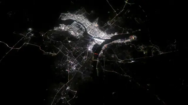 The illuminated Sangam in Prayagraj, as seen from the space