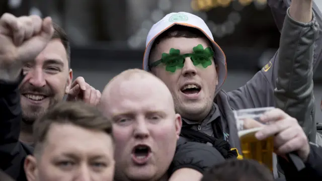 Celtic Fans in Birmingham before a UEFA Champions League 2024/25 League Phase MD8 match between Aston Villa and Celtic at Villa Park