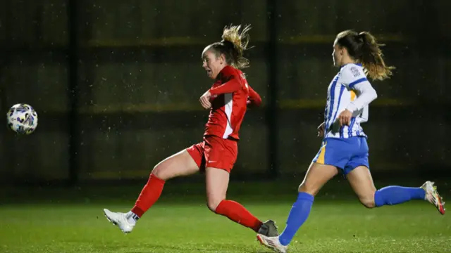 Hannah Blake of Durham scores her team's first goal during The Adobe Women's FA Cup Fourth Round match between Brighton & Hove Albion and Durham