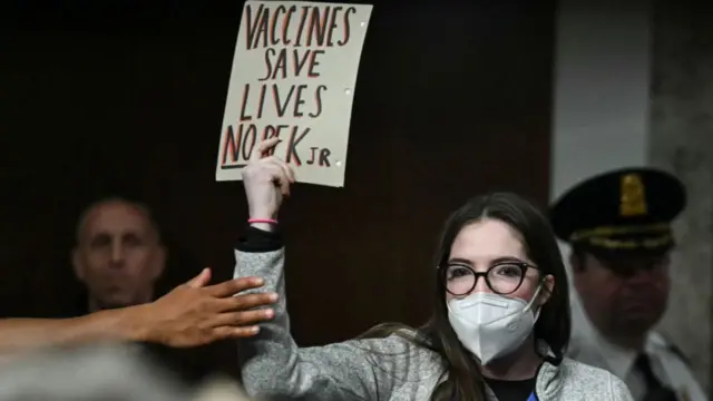 A protestor at RFK Jr's hearing