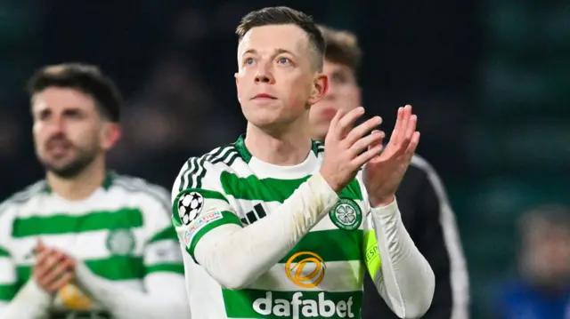 Celtic's Callum McGregor applauds fans at full time during a UEFA Champions League 2024/25 League Phase MD7 match between Celtic and BSC Young Boys at Celtic Park