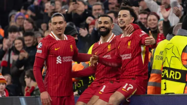 Nunez, Salah and Jones celebrate after Liverpool take the lead against Lille