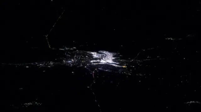 The illuminated Sangam in Prayagraj, as seen from the space