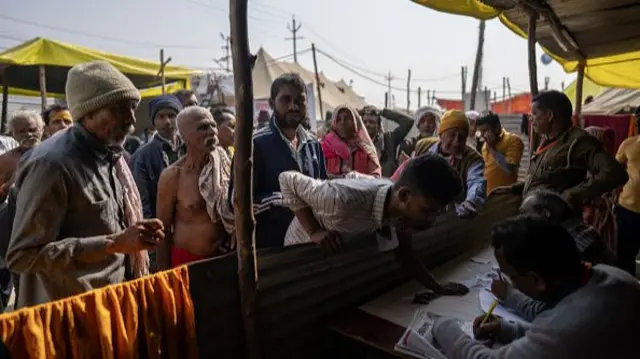 Hindu pilgrims stand inside a lost and found centre after they lost their relatives in crowds during the Maha Kumbh Mela festival in Prayagraj, India on January 28, 2025