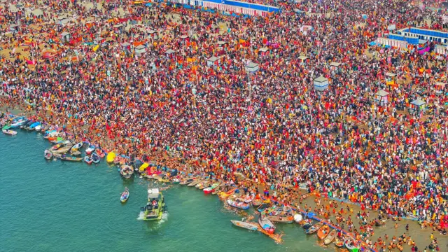 A drone image shows millions of pilgrims at the Kumbh Mela festival in Prayagraj in January 2025