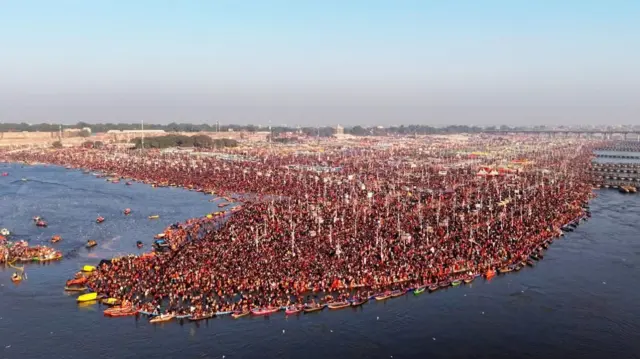 The bank of the Ganges where it turns nose-shaped is the focal point of the bathing ritual during the Kumbh Mela.