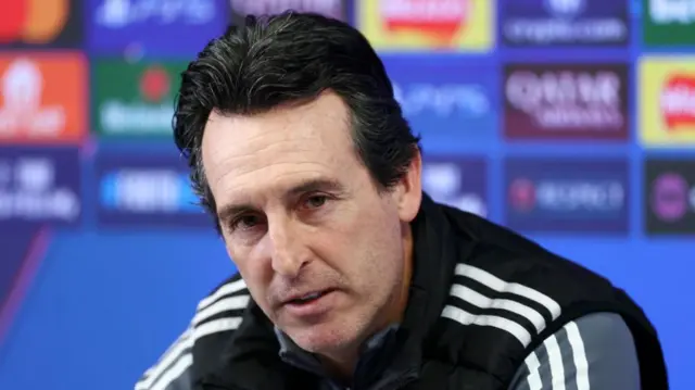 Unai Emery, Manager of Aston Villa speaks to the media during the UEFA Champions League 2024/25 League Phase MD8 training and press conference at Bodymoor Heath training ground