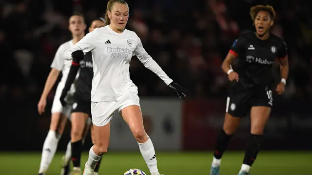 Frida Maanum of Arsenal runs with the ball during The Adobe Women's FA Cup Fourth Round match between Arsenal and Bristol City