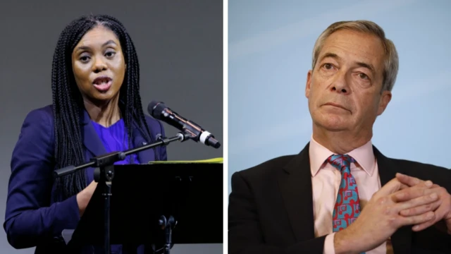 Composite image of Tory leader Kemi Badenoch (left) at a microphone and Reform UK leader Nigel Farage seated with hands clasped.