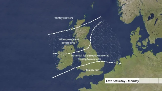 Weather map of the UK with the nation split in four sections horizontally by white dotted lines. The far north section of Scotland can expect wintry showers, rest of Scotland, northern England and NI are marked for widespread snow developing, central England and North Wales face potential for disruptive snowfall turning to rain later, southern England marked for mainly rain