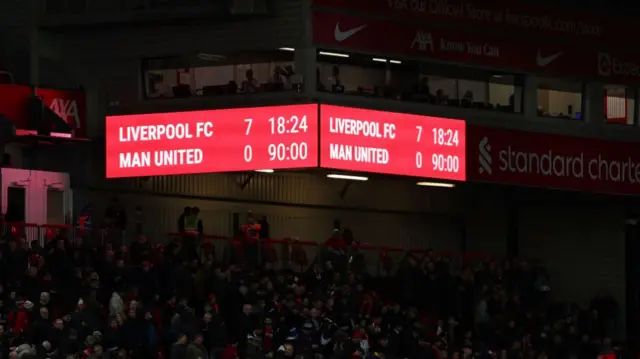 The scoreboard at Anfield showing Liverpool 7-0 Man United