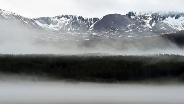 Wide view of the Cairngorm mountains in winter