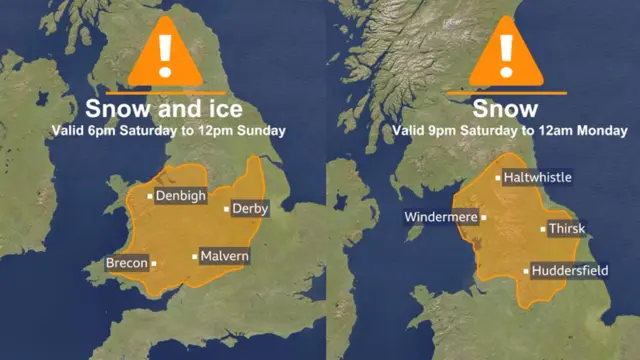 Two side-by-side maps of the UK outlining the areas covered by an Amber Weather warning over the weekend. To the left, an area covering most of Wales and parts of the Midlands is highlighted in orange. To the right, northwestern England, parts of northeast England and Yorkshire and the Humber is marked in orange