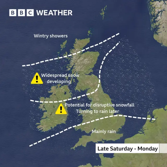 Weather map of the UK with the nation split in four sections horizontally by white dotted lines. The far north section of Scotland can expect wintry showers, rest of Scotland, northern England and NI are marked for widespread snow developing, central England and North Wales face potential for disruptive snowfall turning to rain later, southern England marked for mainly rain