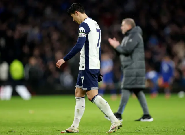 Son walks off the pitch at the end of the defeat to Leicester